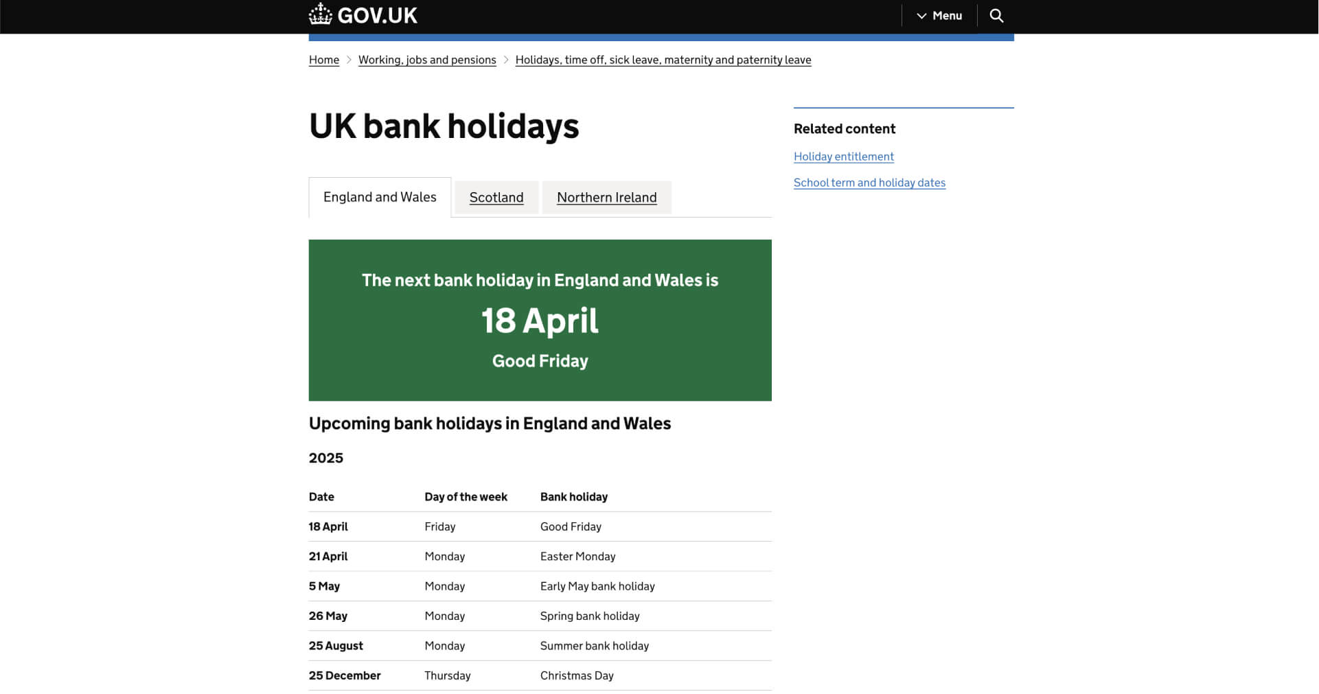 Screenshot from the UK government website