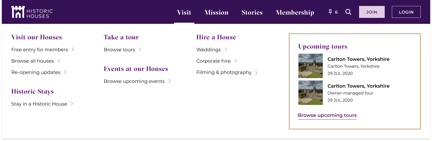 Example of a website navigation for Historic Houses