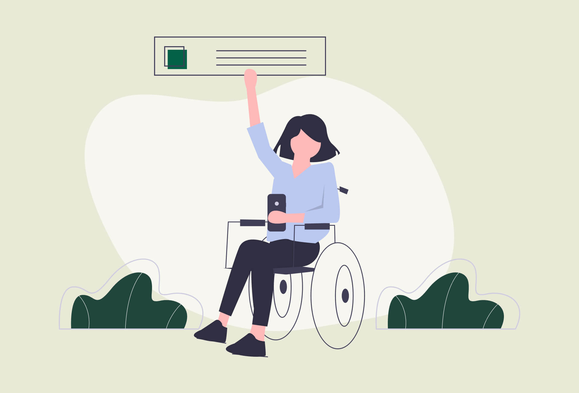 Illustrated woman in wheelchair using mobile phone