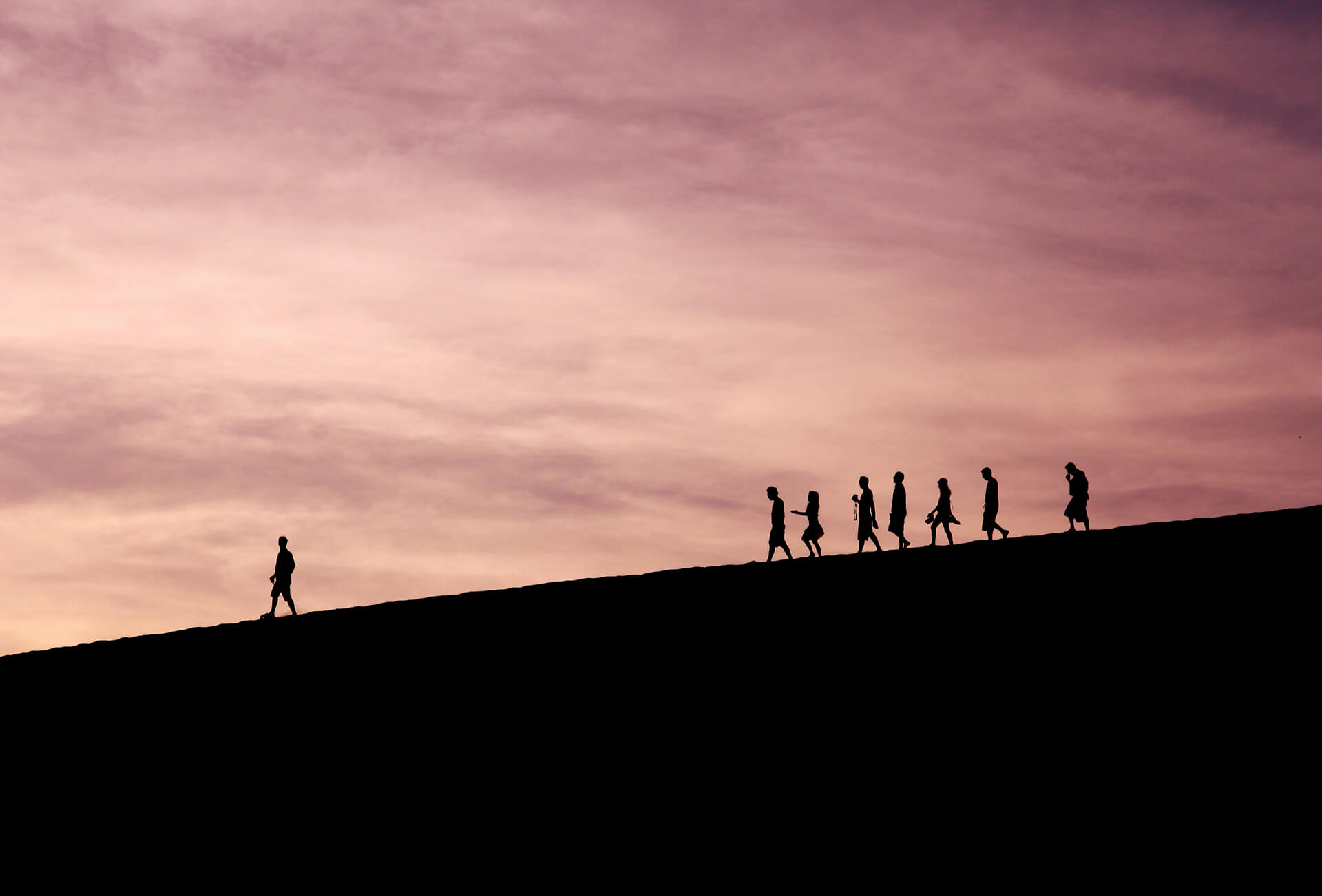 Team walking at sunset following their leader