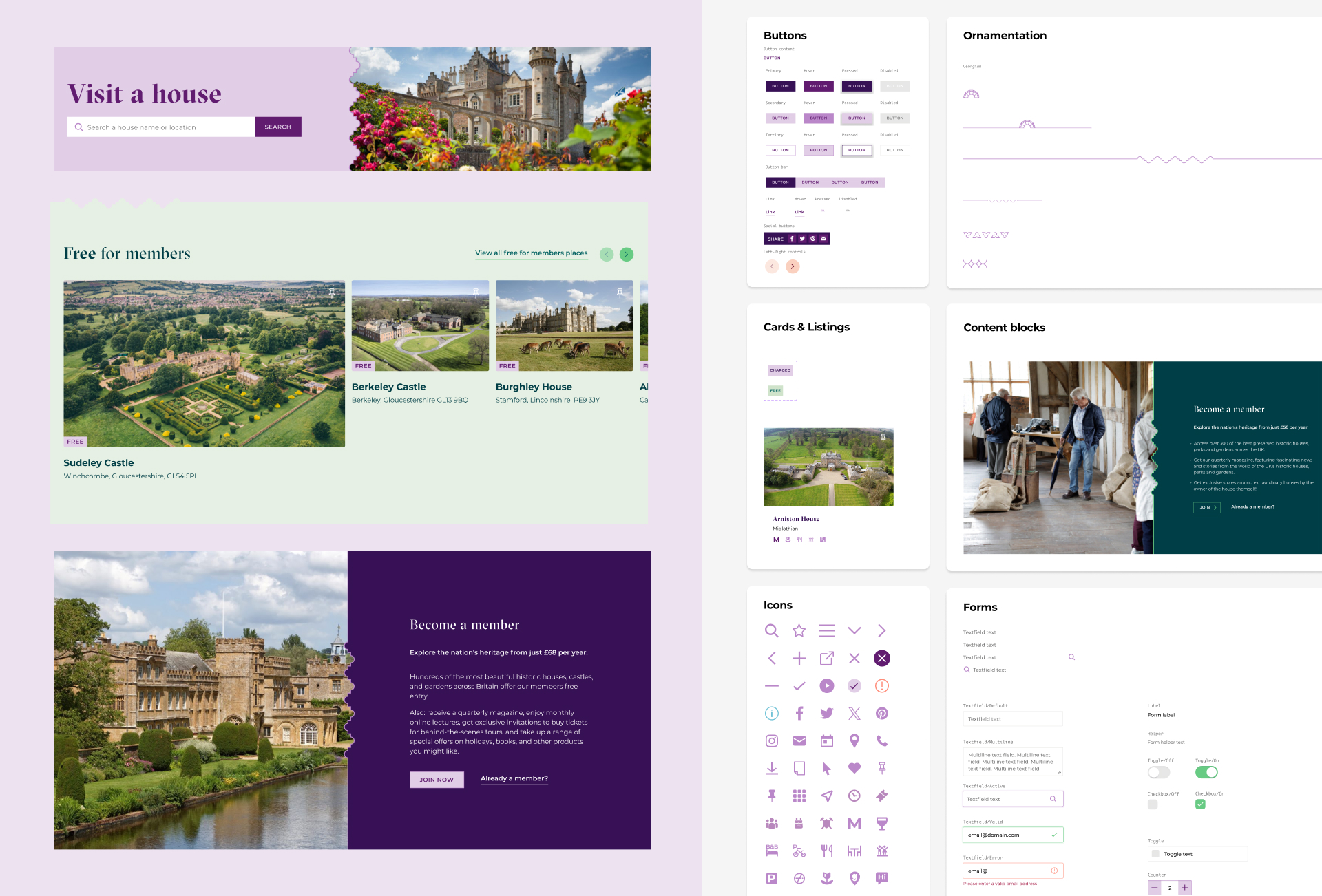 Mockup showing new Historic Houses design system alongside new components for the Visit a House page