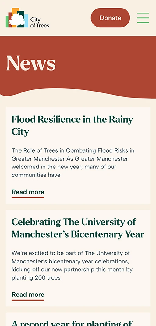 Screenshot of CIty of Trees website on a mobile device