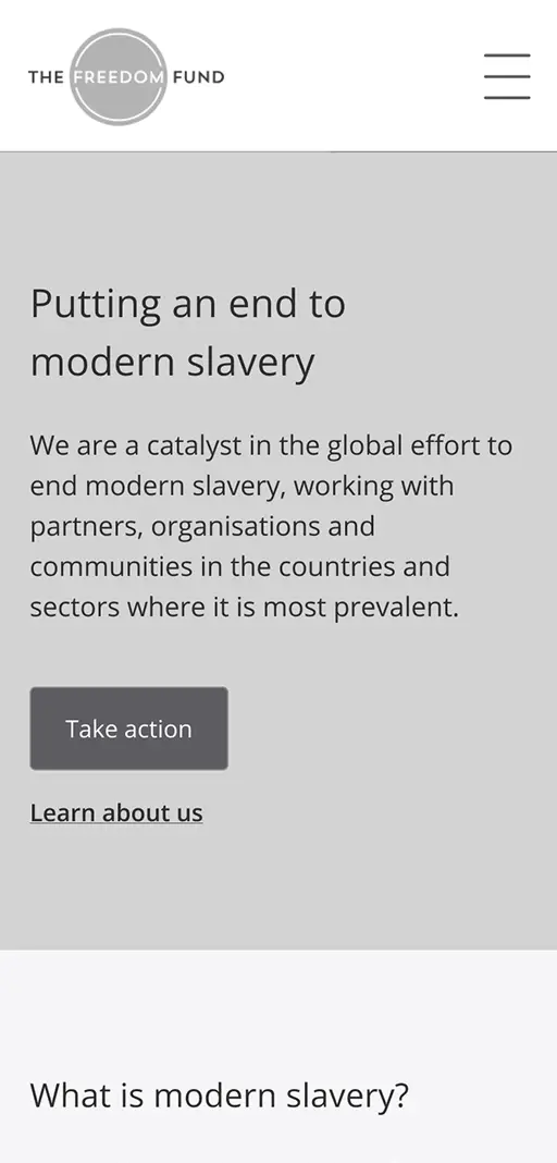 Wireframe of Freedom Fund website on a mobile device