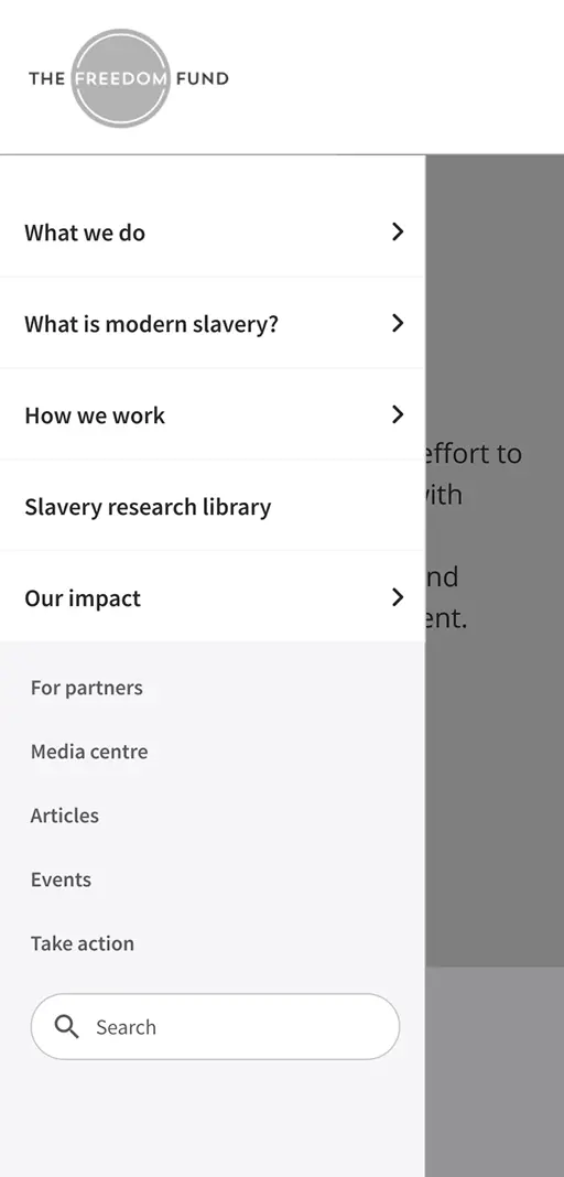 Wireframe of Freedom Fund website on a mobile device