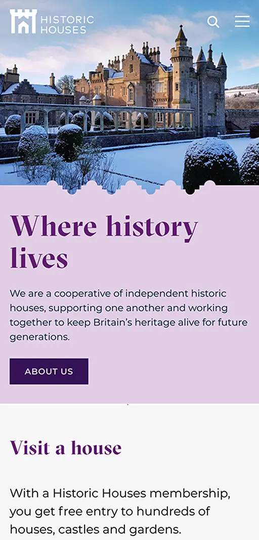 Screenshot of Historic Houses website on a mobile device