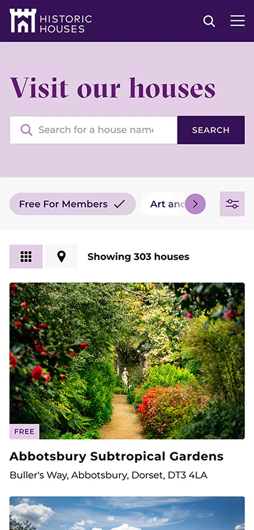 Screenshot of Historic Houses website on a mobile device