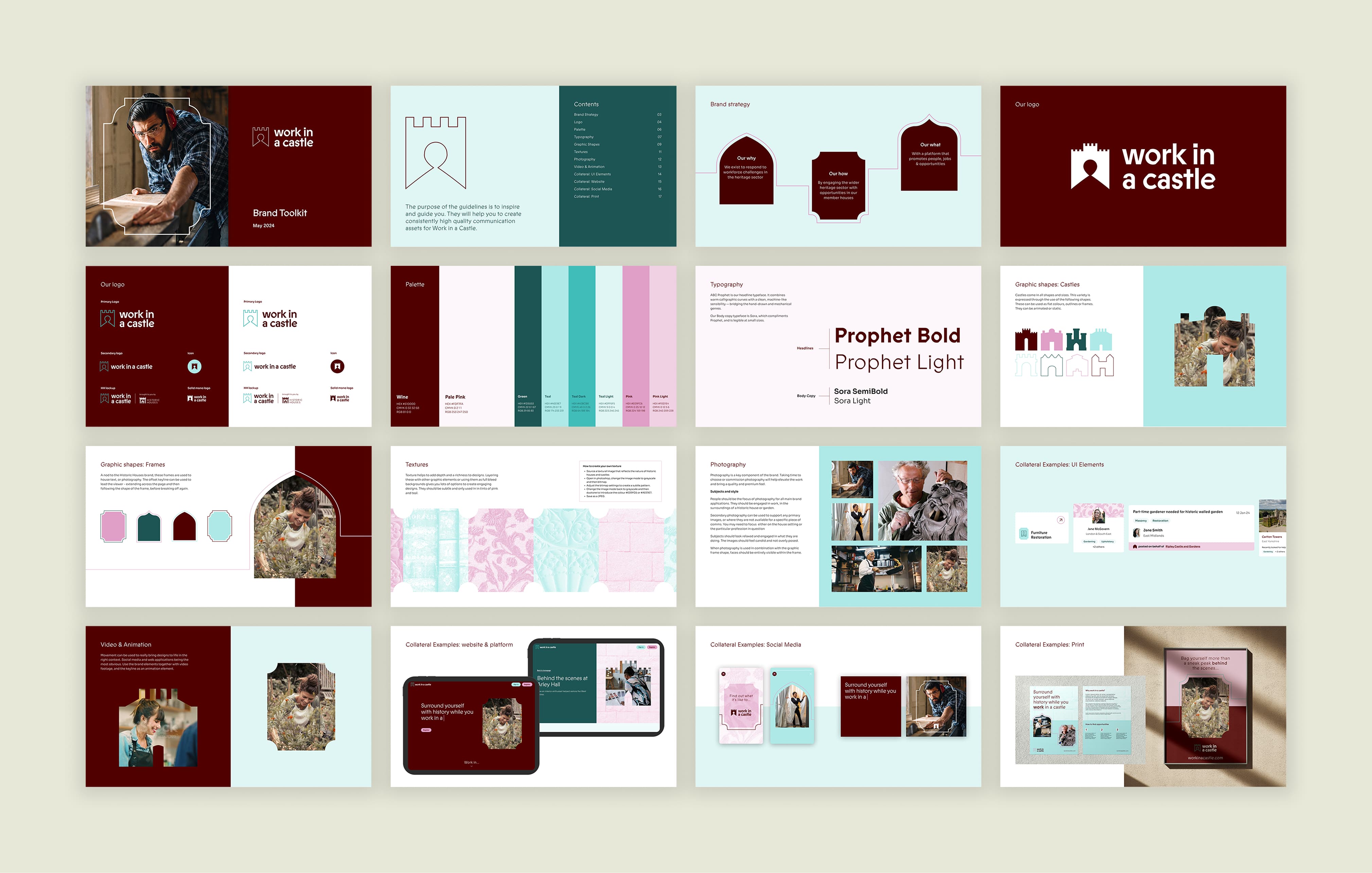 Flatlay image of Work in a Castle brand guidelines pages