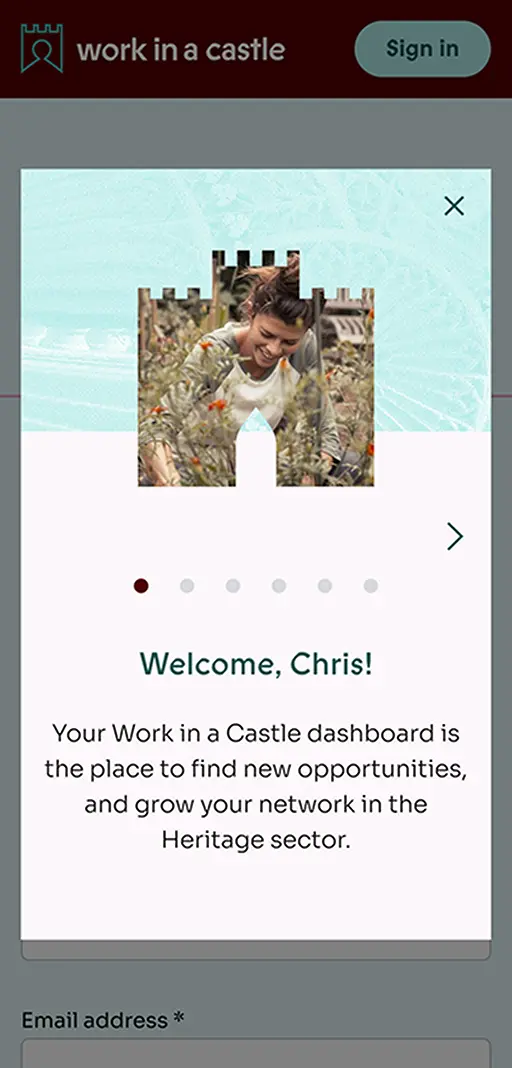 Screenshot of Work in a Castle website on a mobile device